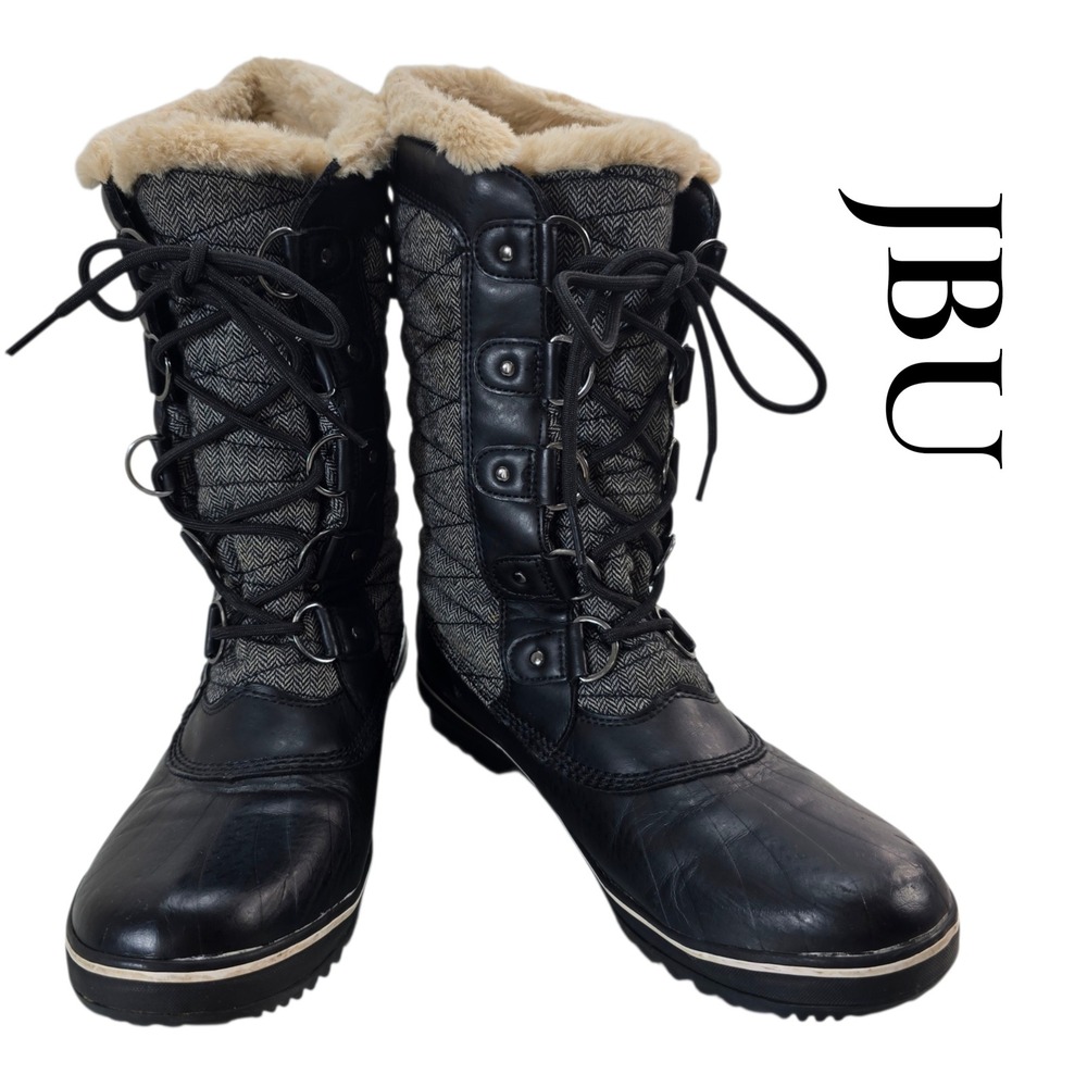 JBU Lorna Winter Boots Womens 9 Black Grey Herringbone Vegan Faux Fur Duck Snow